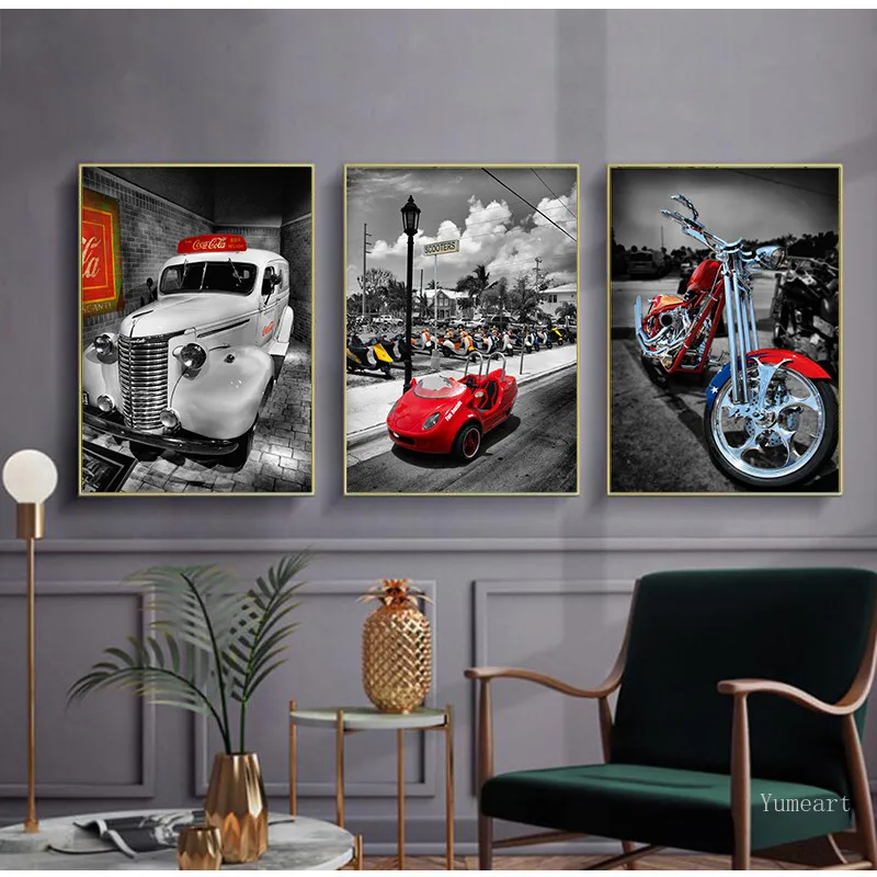 Современный мотоцикл и красный белый автомобиль пейзаж холст постер с пейзажом