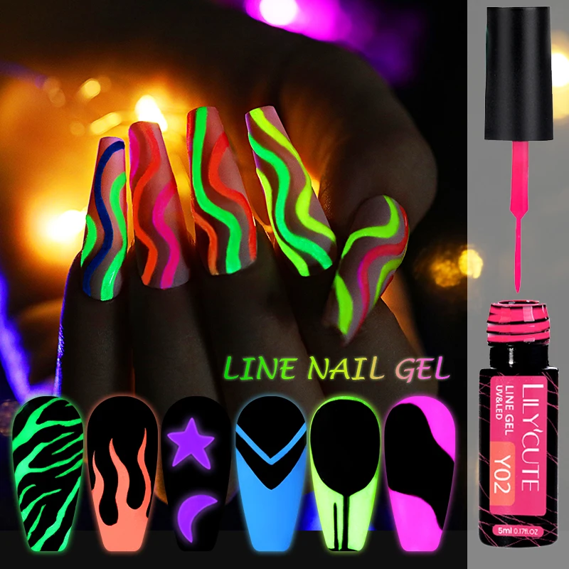 LILYCUTE 5ml Lumious Line Gel Nail Glow In Dark Polish 26 Colors For UV/LED Paint Nails Drawing Polish DIY Painting Varnishes