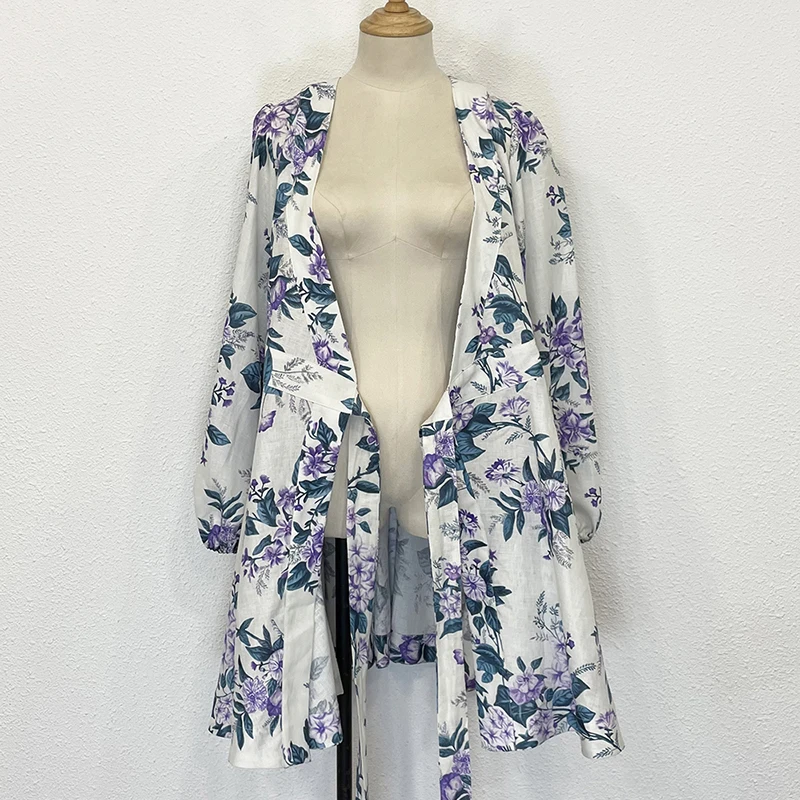 

Spring and summer linen printed lantern long sleeve V-neck dress beach waist Mini wrap skirt