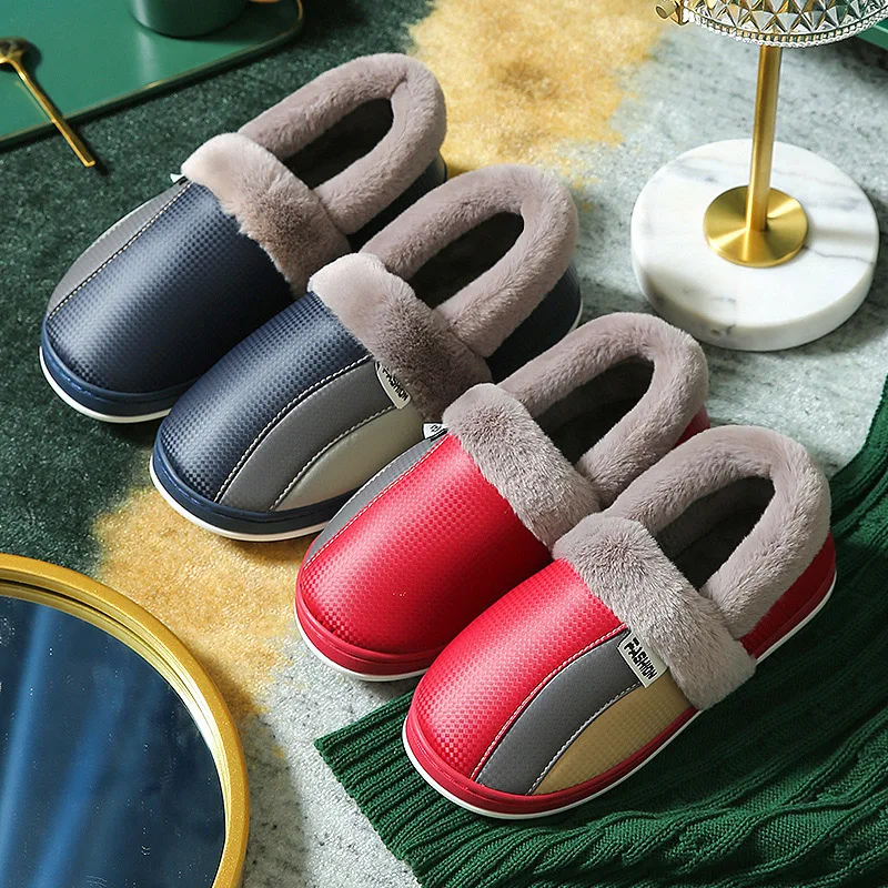 

PU Waterproof Slippers Men Winter Plush Keep Warm Flat Home Cotton Shoes Woman Soft Comfort Female Shoes Sewing Interior Slipper