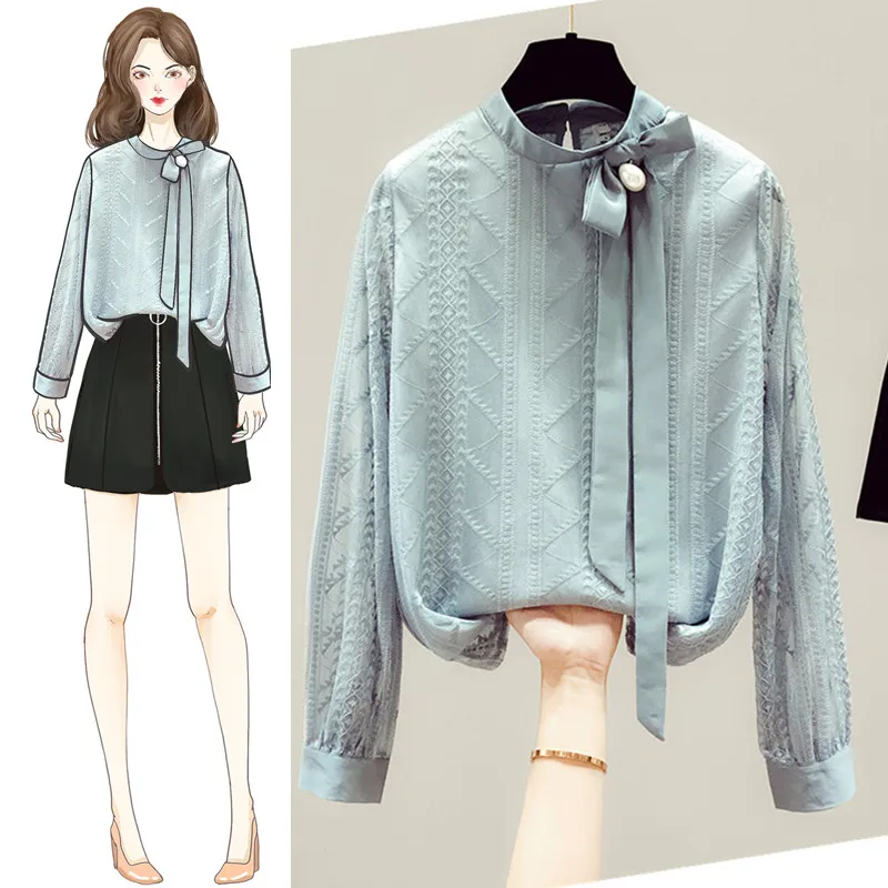 Женская шифоновая кружевная рубашка универсальная Элегантная блузка с длинным