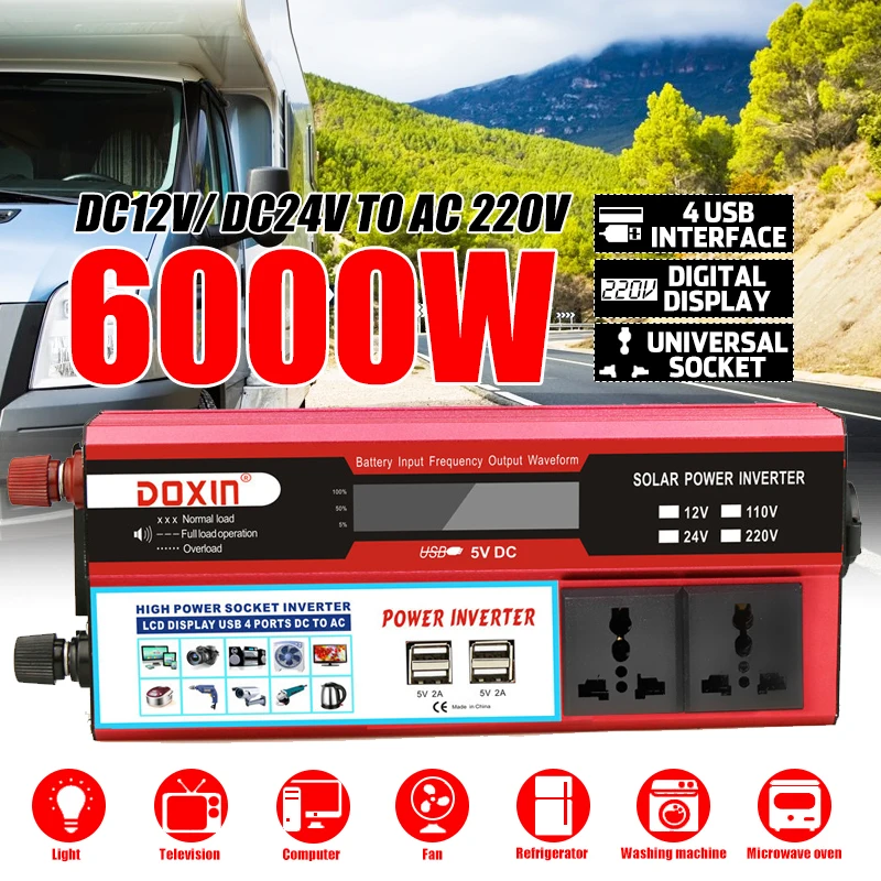 Эффективный 4 USB 6000 Вт DC12/24 В до ac220в ЖК-дисплей Автомобильный инвертор зарядное устройство конвертер адаптер модифицированный синус волновой трансформатор