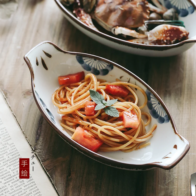 

Ceramic Plate Spaghetti Fruit Dessert Snack Tray Ceramic Bowl With Handle Kitchen Supplies Dinner Plates Tableware Set
