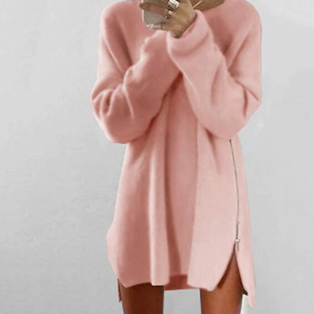 2019 Women Sexy Solid Color Long Sleeve O Neck Sideway Zip Loose Mini Sweater Dress Christmas Gift For Female Friend | Женская одежда