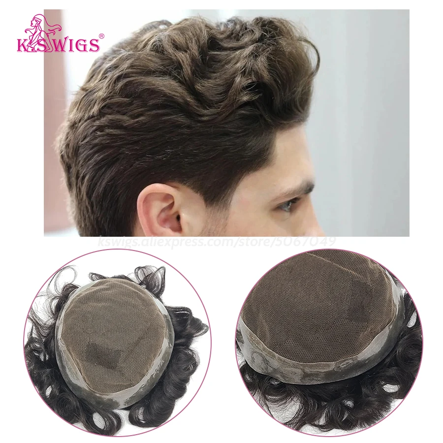 K.S WIGS Men Toupee Swiss Lace With Transparent PU Around Capillary Prosthesis Natural Hairpieces Replacement System For Male