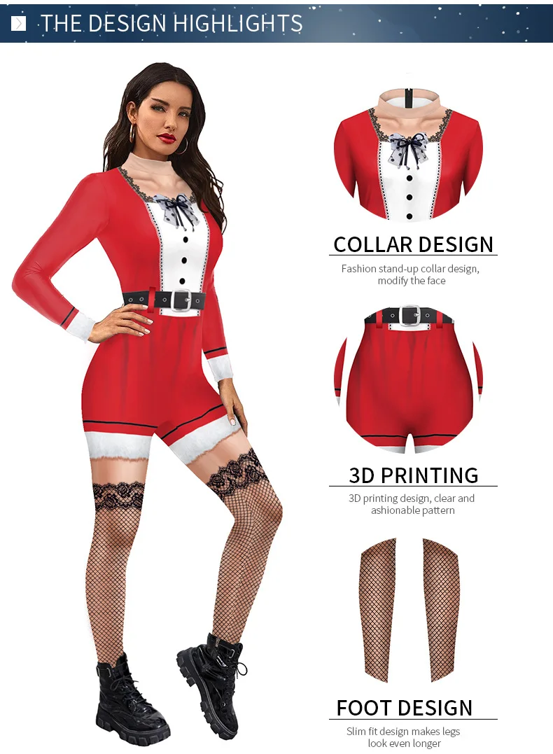 Женский костюм для взрослых на Рождество с цифровым принтом приталенный