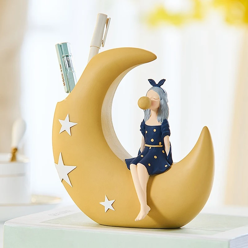 

Bubble Girl Pen Holder Stationery Resin Character Sculpture Modern Home Decor Study Room Kids Bedroom Desktop Decoration