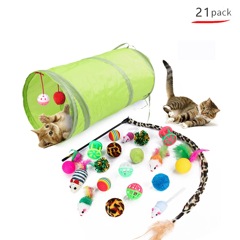 

21Pcs/Set Cat Toy Pet Kit Collapsible Tunnel Cat toy Fun Bell Feather Mice Shape Pet Kitten Dog Cat Interactive Play Supplies