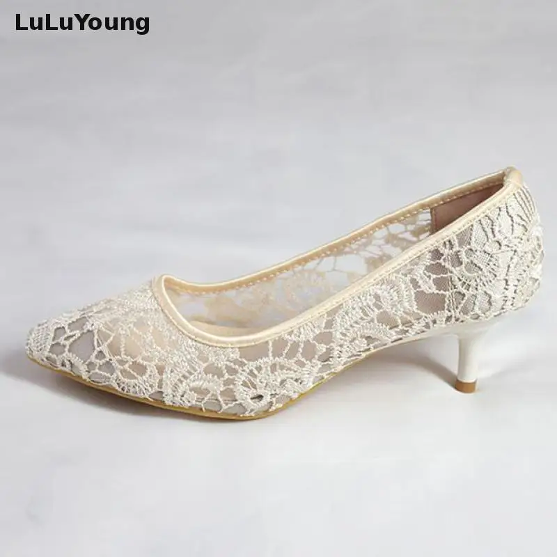 Женские туфли кружевные свадебные на высоком каблуке сетчатые с острым носком 5