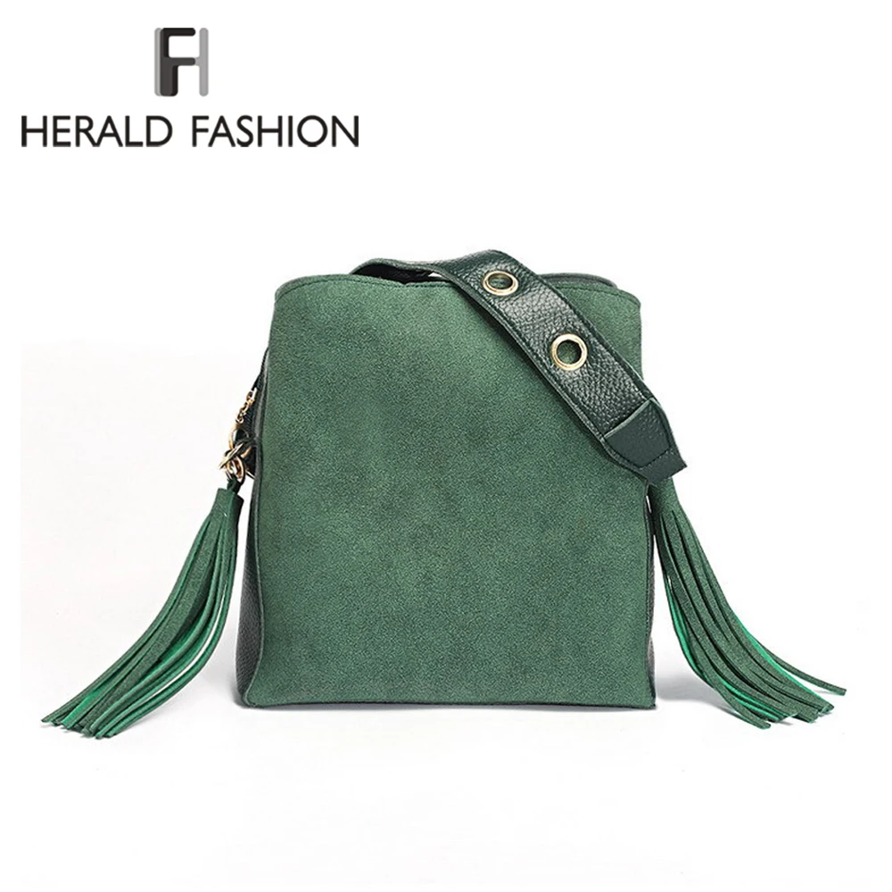 Винтажная модная женская сумка ведро с бахромой из замши высокого качества через