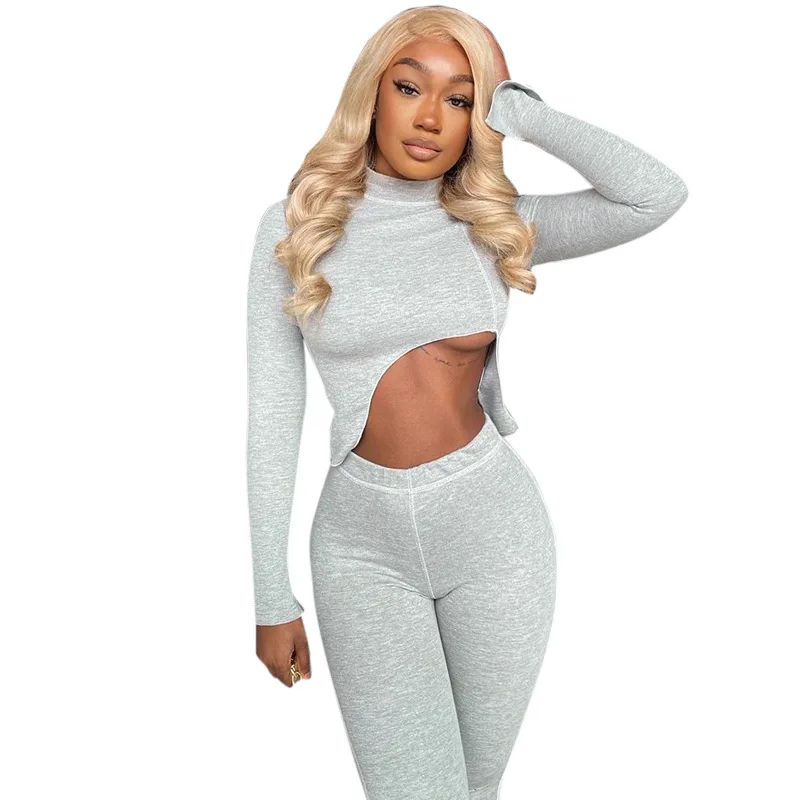 

Women's New Fashion Solid Color Two-Piece Suit Full Sleeve Irregular Top + Slim Pencil Pants 2021 Street Gym Sports Party Wear
