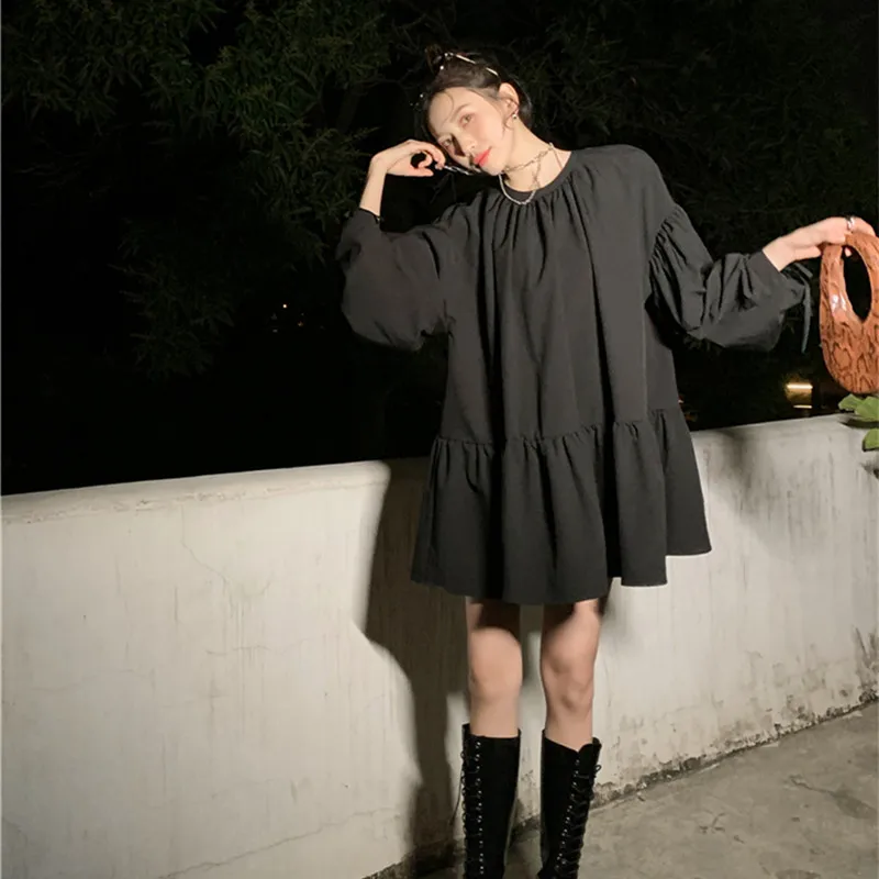 

BLLOCUE Black Pleated Bowknot Doll Dress Female Autumn And Winter Long Sleeves Loose Casual Dresses