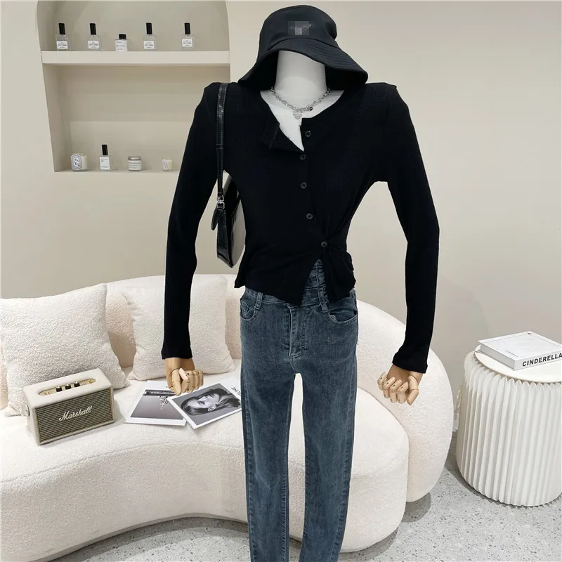 

Women's Spring Summer 2021 Fashion Irregular side button waist Knitted Top Slim long sleeve two wear design cardigan