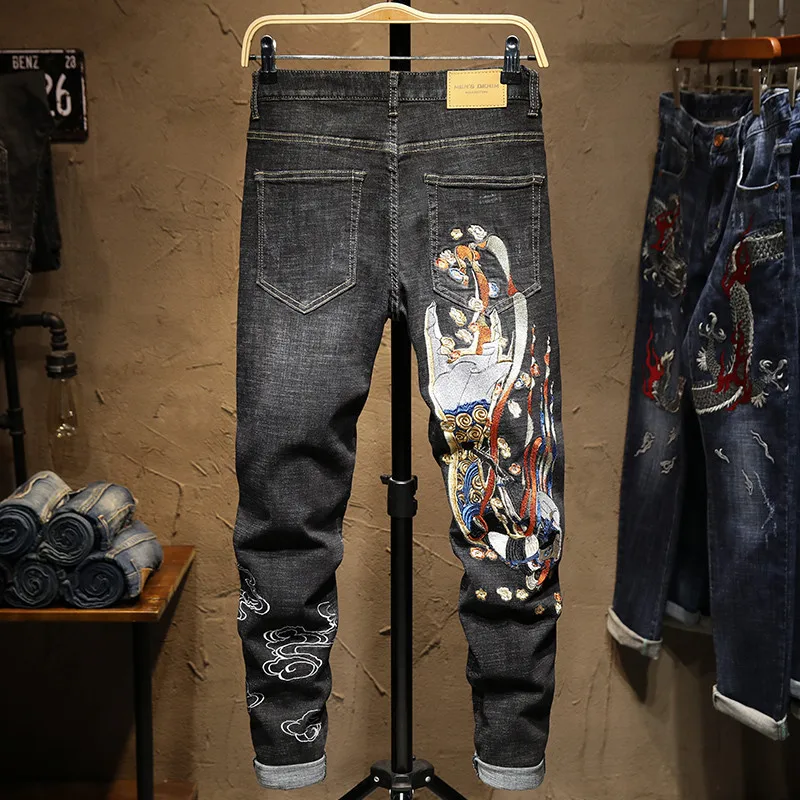 Джинсы мужские прямые с вышивкой Винтажные эластичные штаны Slim fit в стиле хип хоп