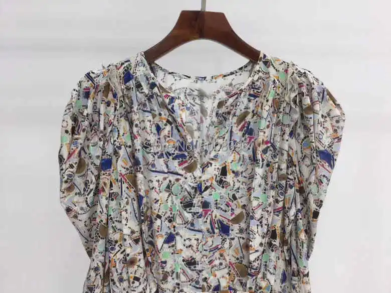 

Woman PRINTED SILK BLEND Asymmetric Short Dress V-neck LONG Puff Sleeves Fashion Silk Dress