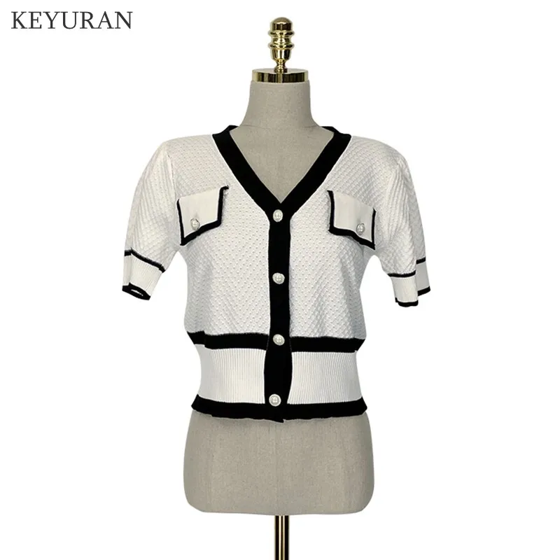 

Contrast Color Knitted Stitching Cardigan Women 2021 Summer Korean Chic Elegant V-Neck Single-Breasted Puff Sleeve Thin Knit Top