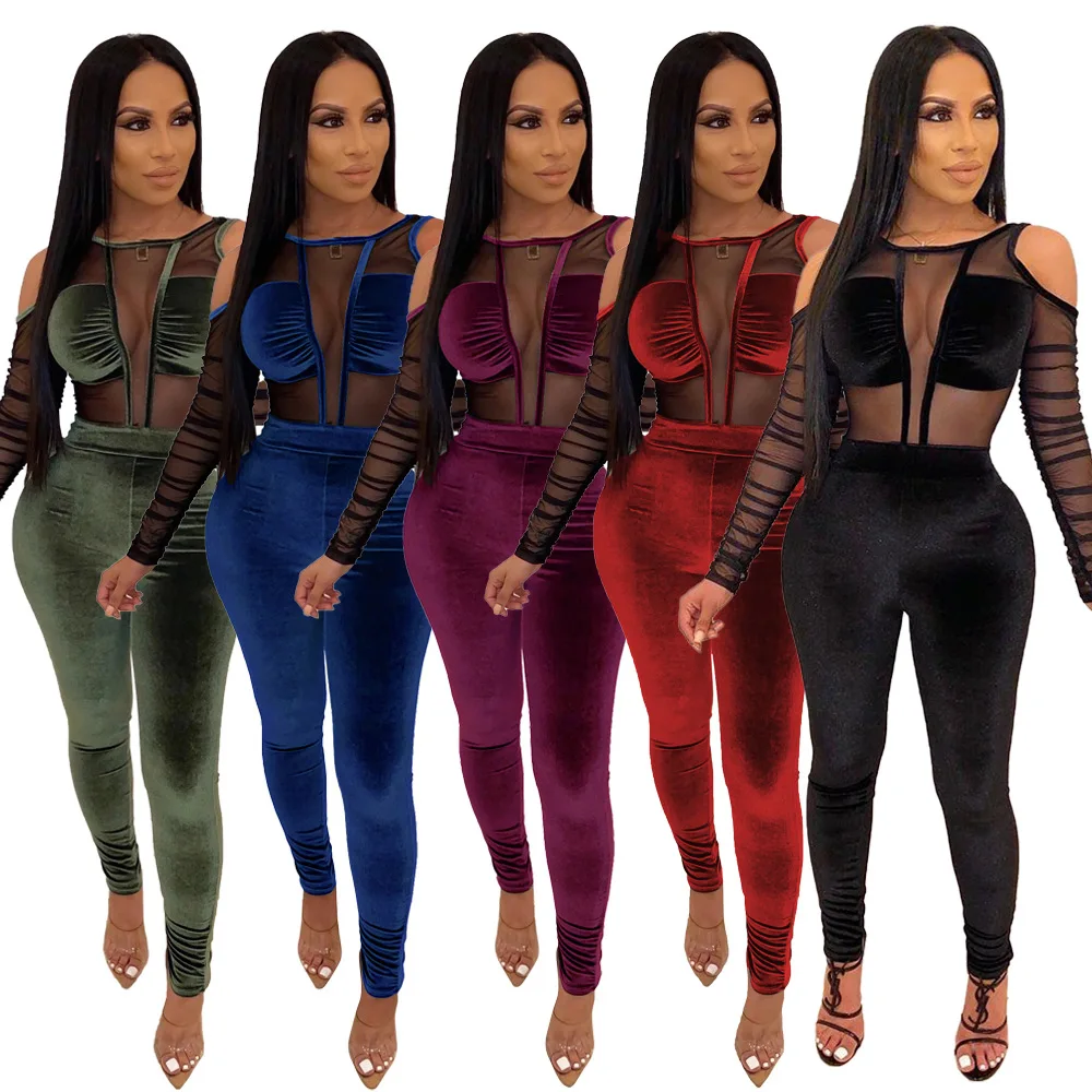 

2021 Gold Velvet Stitching Mesh One Pants V-neck Strapless Sexy Ladies Jumpsuit Multicolor Stretch Plus Size Women's Clothing