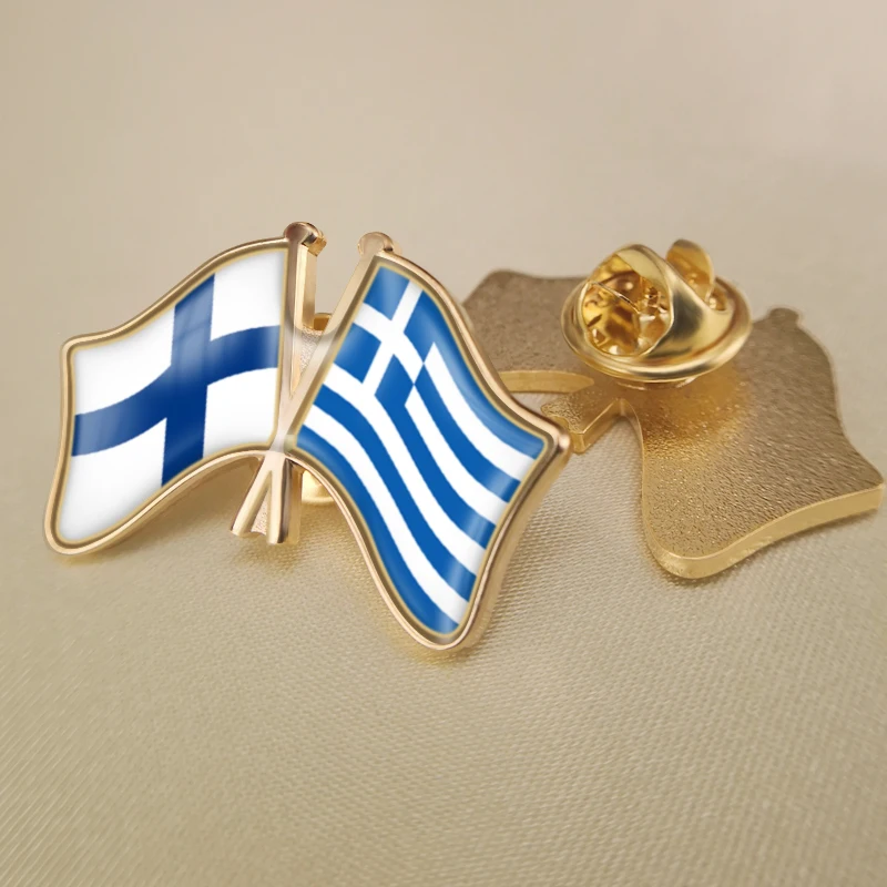 

Finland and Greece Crossed Double Friendship Flags Lapel Pins Brooch Badges