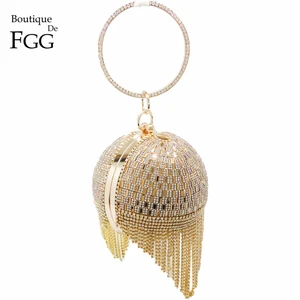 Boutique De FGG женский золотой кошелек с круглым шариком, вечерние сумочки-клатчи со стразами и кисточками, стразы, свадебные сумочки