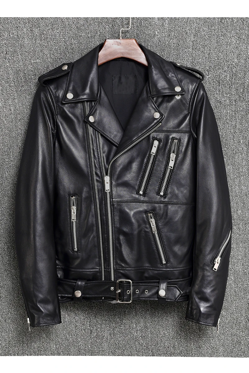 

men's double 2021 zipper motorcycle leather jacket with belt balck cow hide slim fit moto biker jacket men rivet rider coat mal
