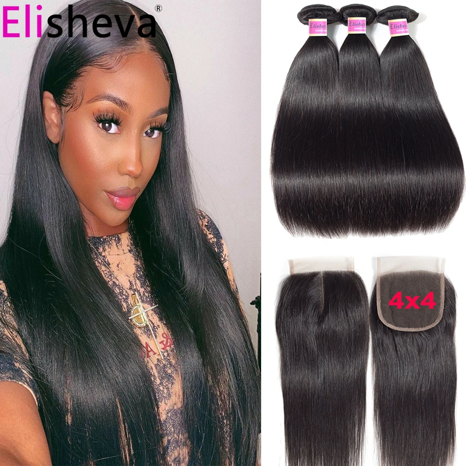 Pacotes de Cabelo Reto com Fechamento Feixes de Cabelo Pacotes com Fechamento do Laço e Pacotes Elisheva Remy Peruano Humano 4×4 3