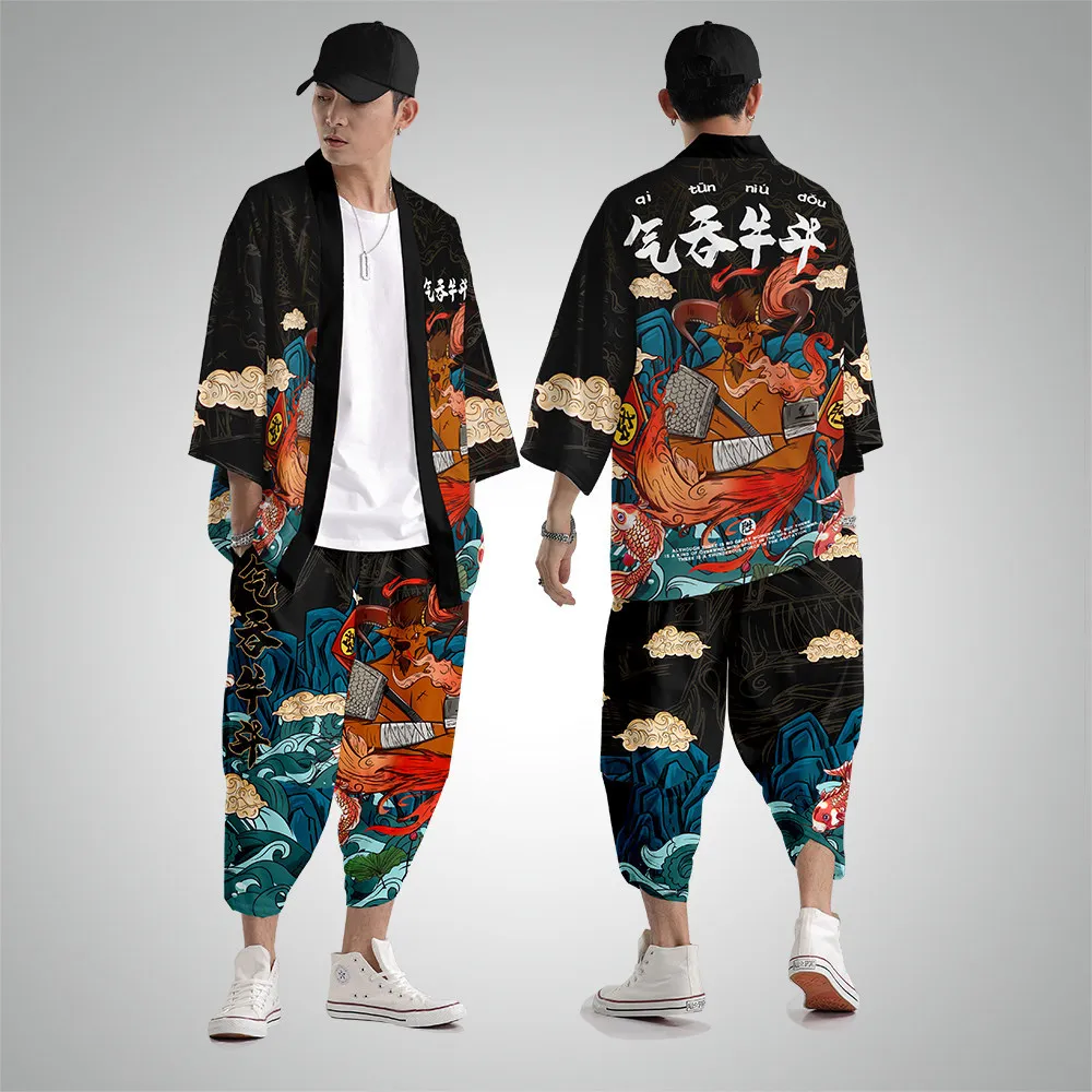 Men Fashion Black Print Yukata Cardigan Loose Blouse Haori Obi Asian Clothes Harajuku Kimono And Pant Suit | Тематическая одежда и