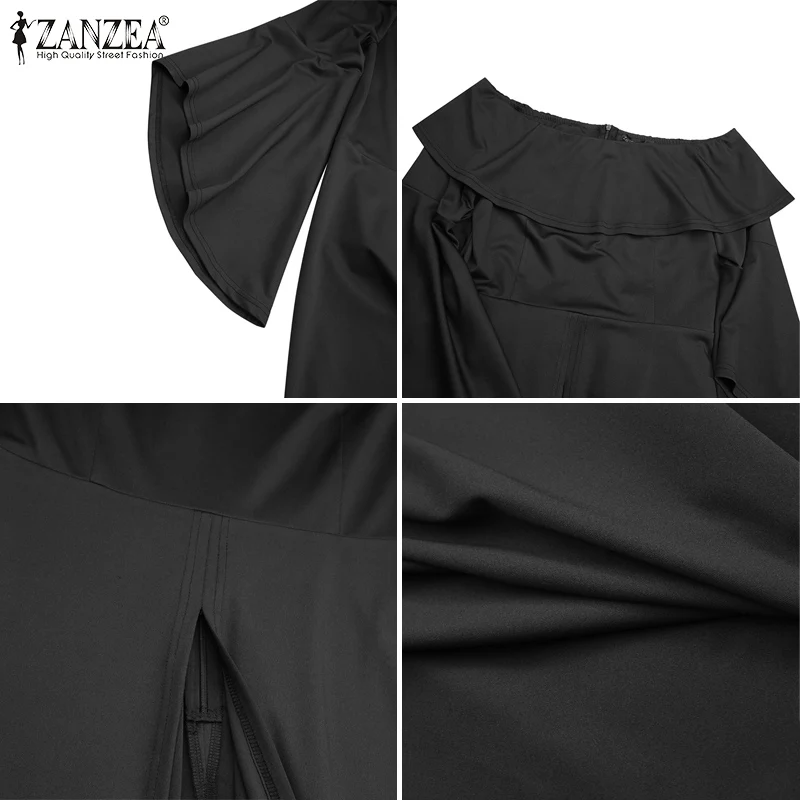 

2021 Autumn Solid Flared Sleeve Pullover ZANZEA Fashion Off Shoulder Tops Party Holiday Ruffle Blusa Womens Elegant Maxi Blouse