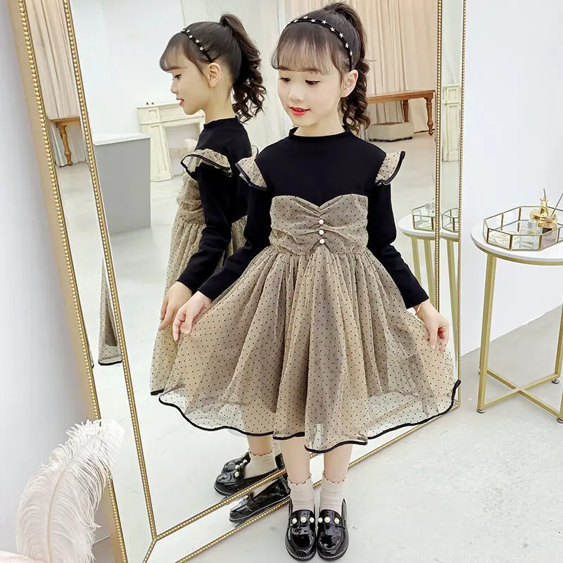 

Girls dress autumn new middle school children's skirt net red foreign style princess skirt girls wave dot mesh skirt