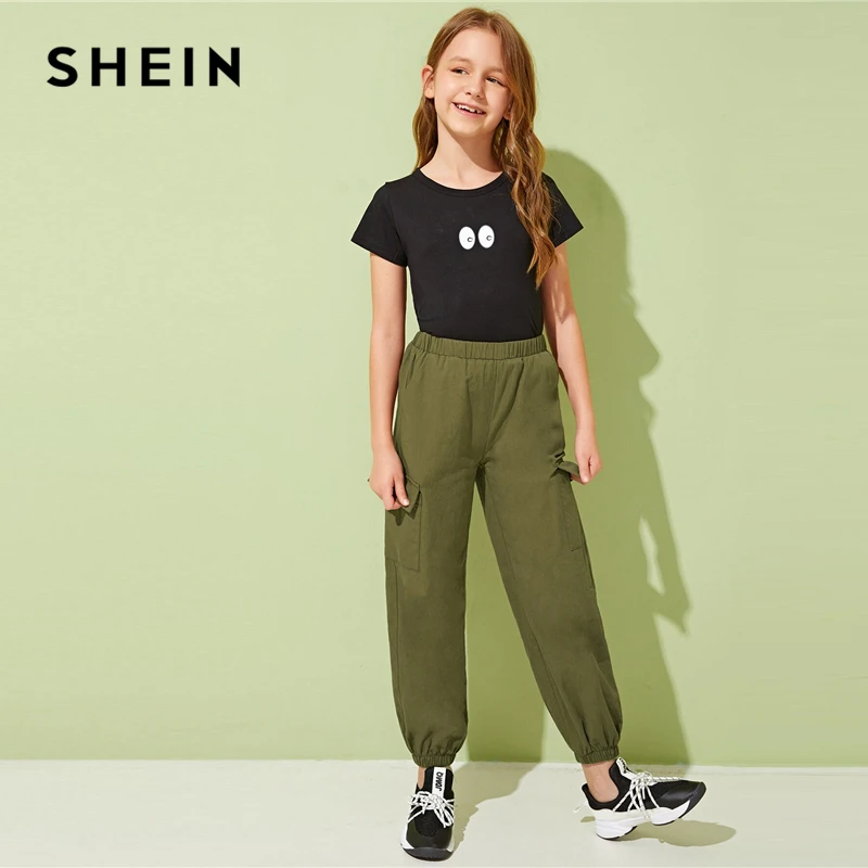 SHEIN Kiddie/повседневные штаны-карго с карманами в армейском и зеленом цвете для девочек детские длинные брюки с эластичной резинкой на талии на осень года, Chldren