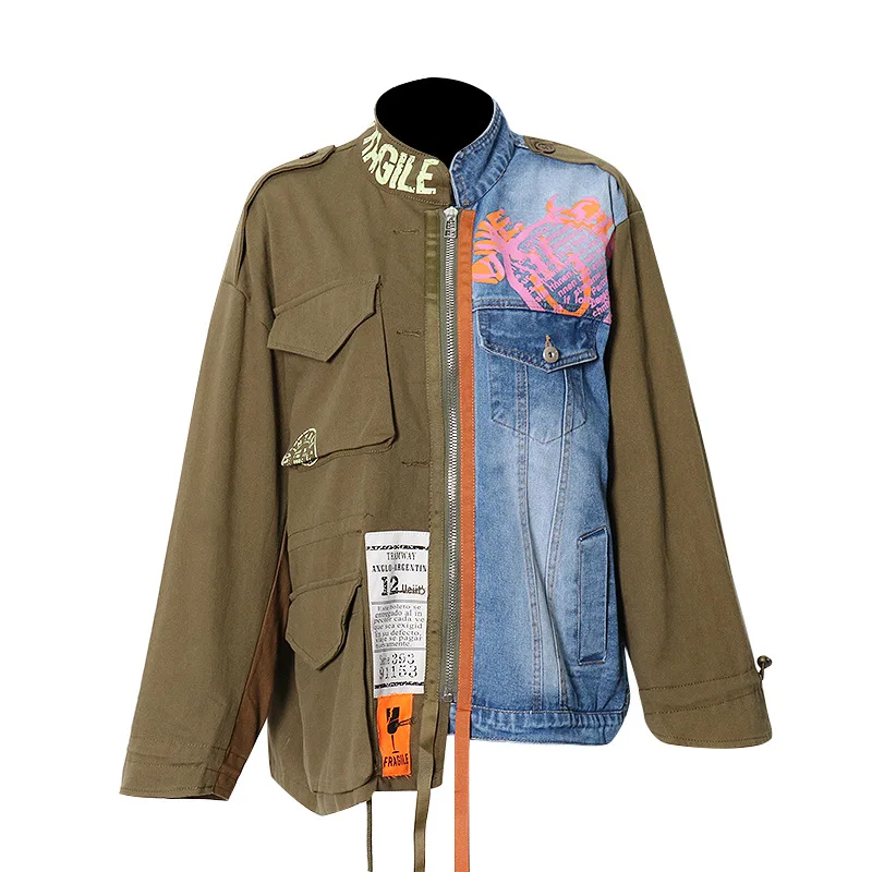 

Street Hipster 2021 Summer Irregular Stitching Stand Collar Zipper Pocket Personality Denim Jacket