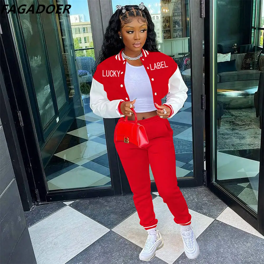 

FAGADOER Autumn Winter Baseball Uniform Suit Women Two Piece Lucky Label Letter Print And Jogger Pants Tracksuits Ouitfits 2021