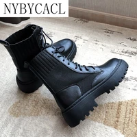 2022 new high quality boots women shoes woman boots fashion flat round pu boots elastic lace black boots comfortable boots