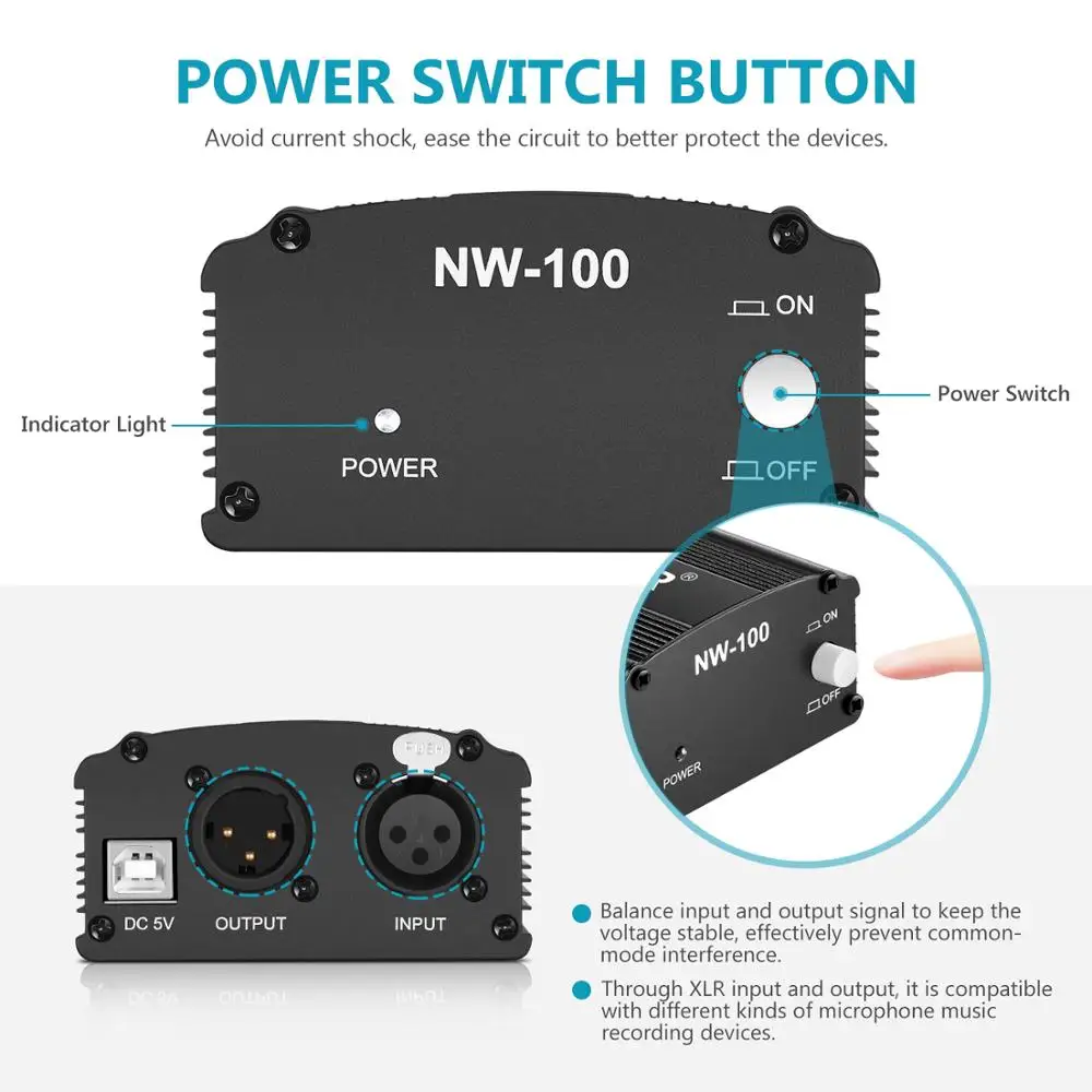 Neewer 1-канальный источник фантомного питания 48 В + USB-кабель XLR микрофонный кабель