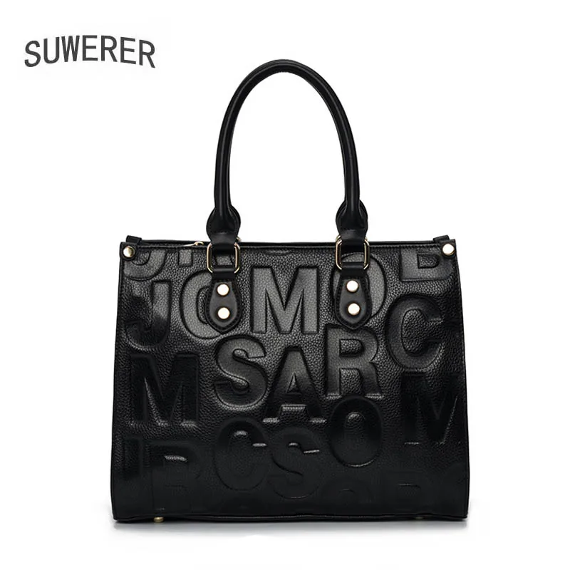 

New Women Genuine Leather Bag Cowhide Letter Embossed Bag Luxury Handbags Women Bags Designer Women Handbags Black Shoulder Bag