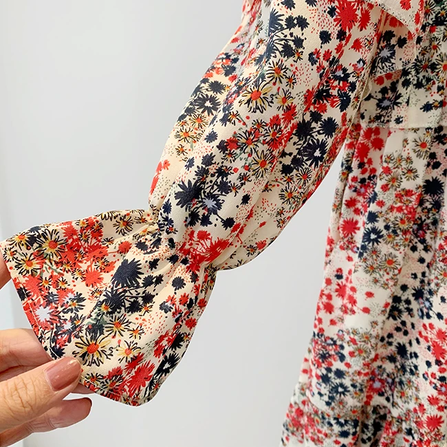

Korea Style Woman Dress Vintage Floral Printed Ruffles Full Sleeve Long Dress Women Streetwear Casual Dress robes Vestidos SL198