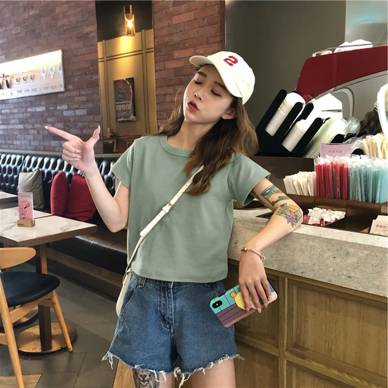 

Solid Color Cotton T-Shirt Women Short Sleeve Summer Japan Korean Harajuku Style College Student All-Match Fashion Female Tops