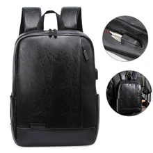 Mens PU Leather Waterproof Backpack USB Charging Lightness Laptop Black Back Bags male Outdoor Travel casual School Bagpacks