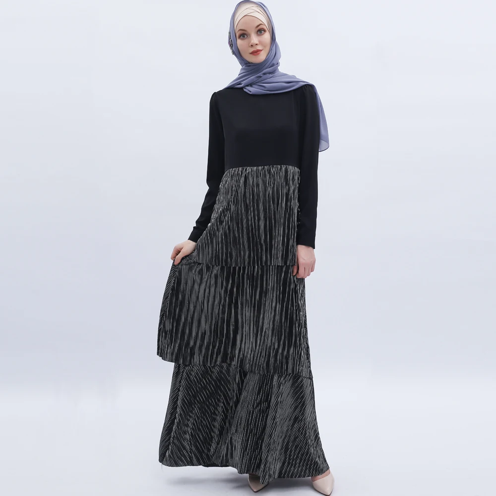New Women Fashion Stitching Pleated Dress Muslim Arab Abaya Casual Elegant Cupcake Dress Islamic Turkey Dubai Ramadan Caftan