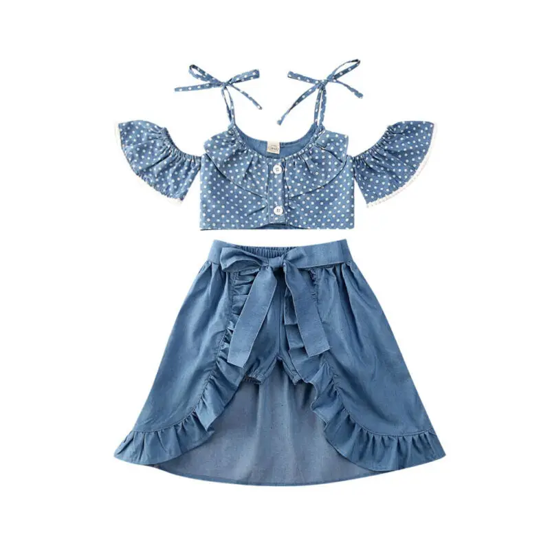 2020 Boho Kids Baby Girl Clothes Sets Holiday Children Beachwear Off Shoulder Dots Tops+Shorts+Ruffled Skirt 3Pcs 1-5Y | Детская одежда