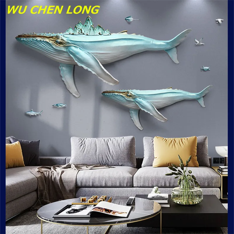 

WU CHEN LONG Modern 3D Whale Wall Hanging Fish Statue Wall Decor FRP Craft Creative Room Background Home Decor Mural R5649