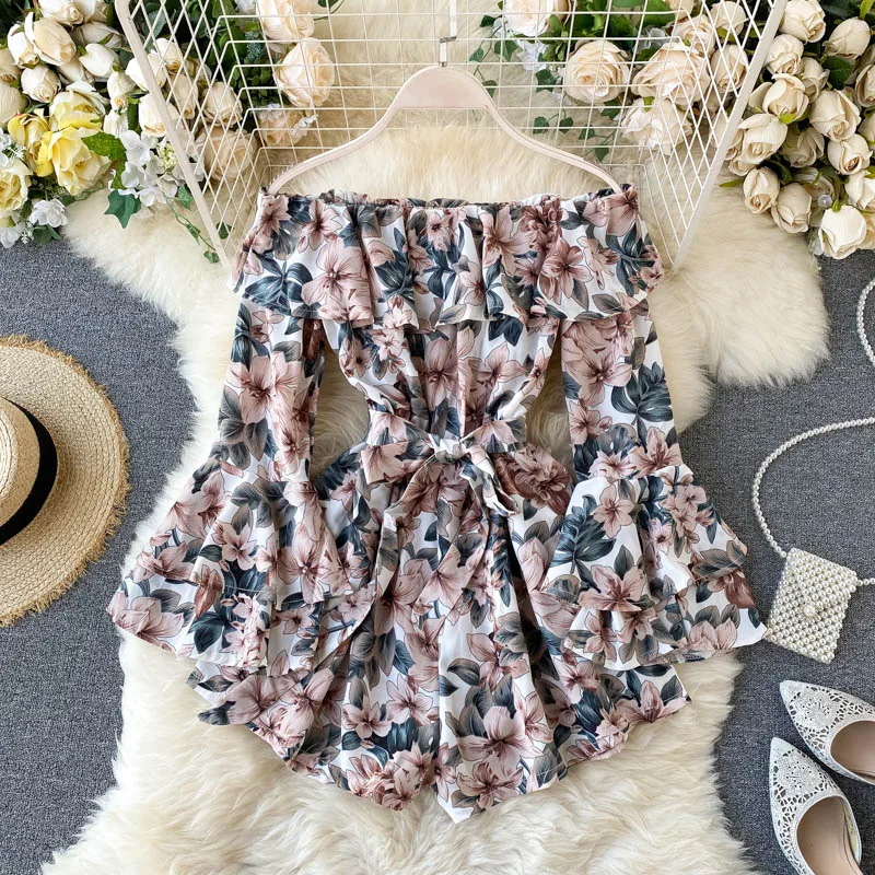 

Floral Printed Rompers Playsuits Chiffon Ropa Mujer Bandage Streetwear Flared Sleeves Short High Waist Wide Leg Pants