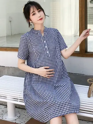 

Blue Short sleeve O-neck Nursing dress maternity new summer wear loose fashion empire lactation dress sweet breastfeeding