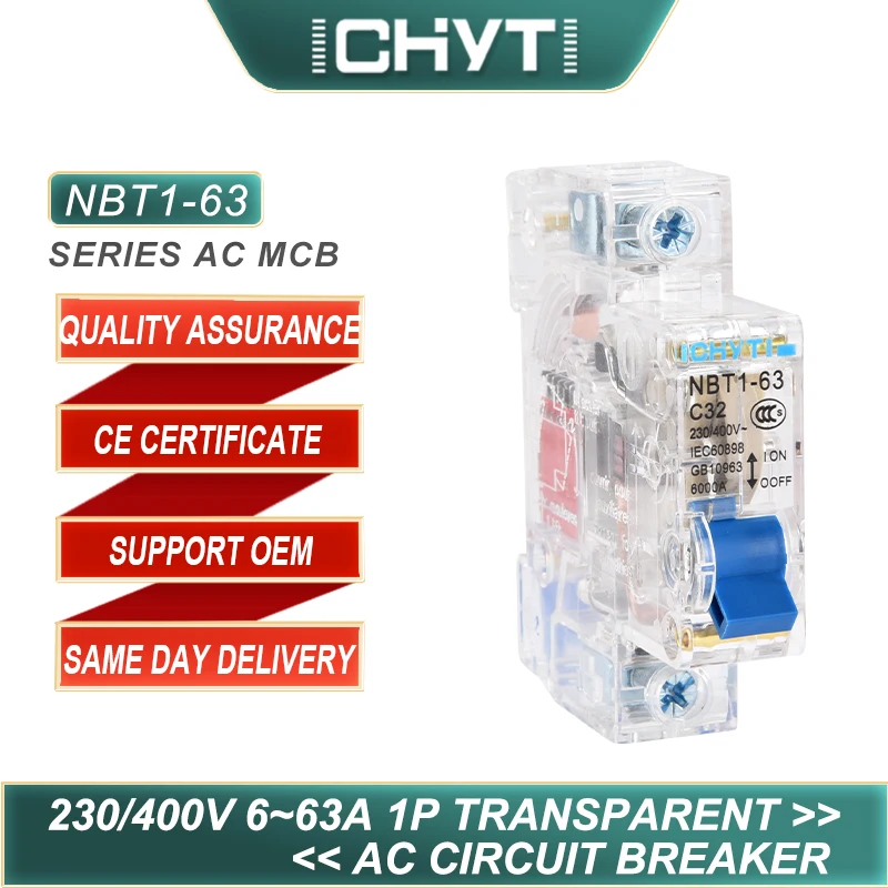 CHYT NBT1-63 1P Бытовая прозрачная Din-рейка AC 230/400V 63a 6KA C-типа воздушный выключатель
