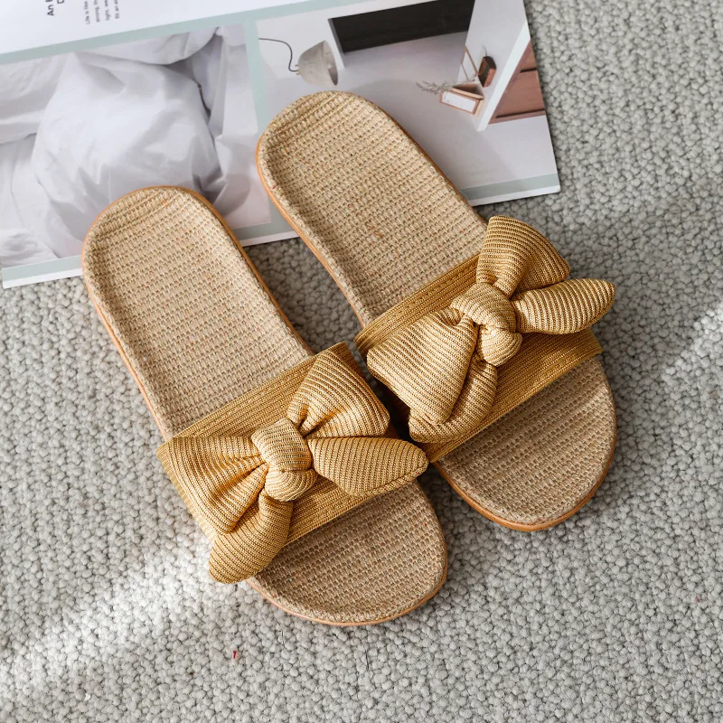 

Bowknot household cool linen slippers women summer indoor non-slip resistance couples home slippers shoes women
