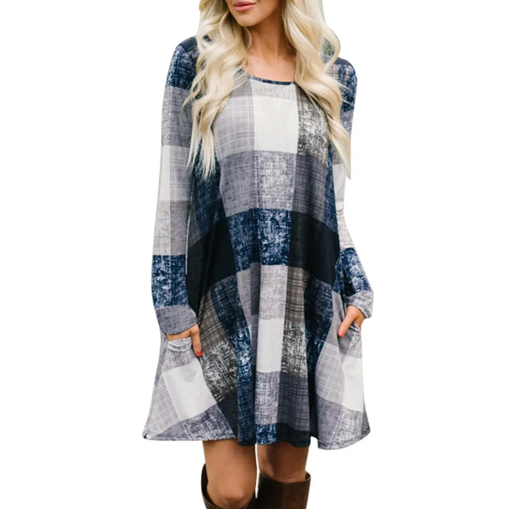 Plaid Print Vintage dress Womne Casual Loose O-Neck Fashion Pocket Long Sleeve Short Mini Dresses Ladies Sundress Vestidos | Женская