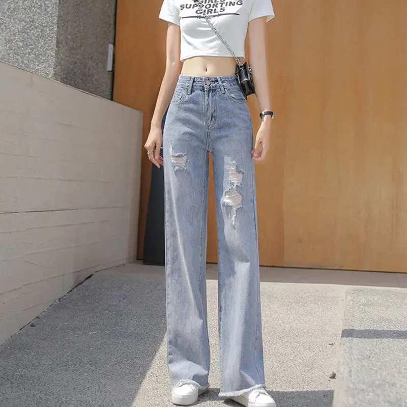 

Broken jeans women's high waist slim 2021 new summer retro loose straight drop feeling wide leg mop pants