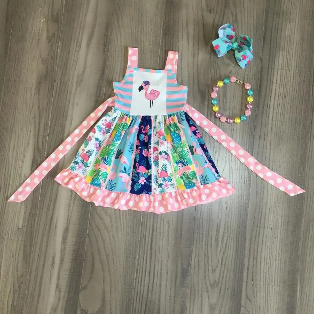 Летнее платье для маленьких девочек Розовый Полосатый ремень с фламинго детская