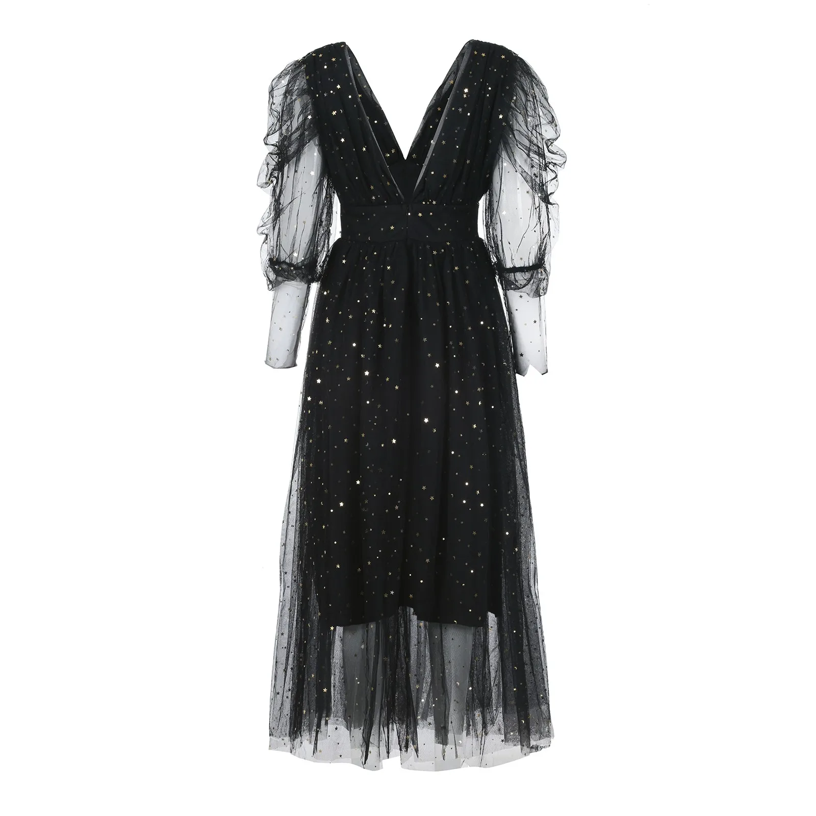 

ISAROSE 2021 Glitter Backless Dress Little Stars Sequins Black Mesh Deep V Puff Long Sleeves Lady Sexy High Waist Midi Dresses