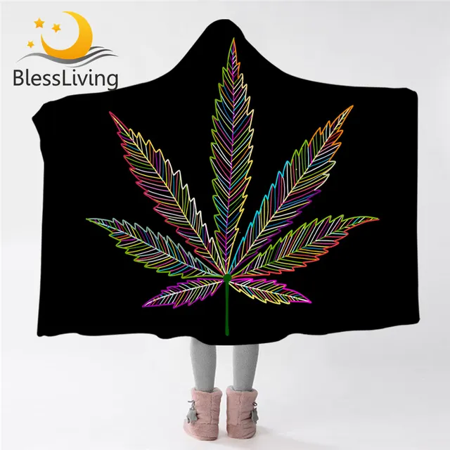 BlessLiving Maple Hooded Blanket Nature Leaf Microfiber Sherpa Fleece Blanket Colorful Wearable Blanket Black Bedding Throws 1