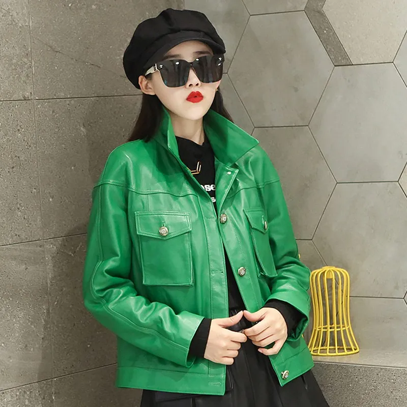 

Real Sheepskin Casual Street Coat Women Solid Simple Pocket Long Sleeve Genuine Leather Jacket 2021 Autumn Female Biker Jackets